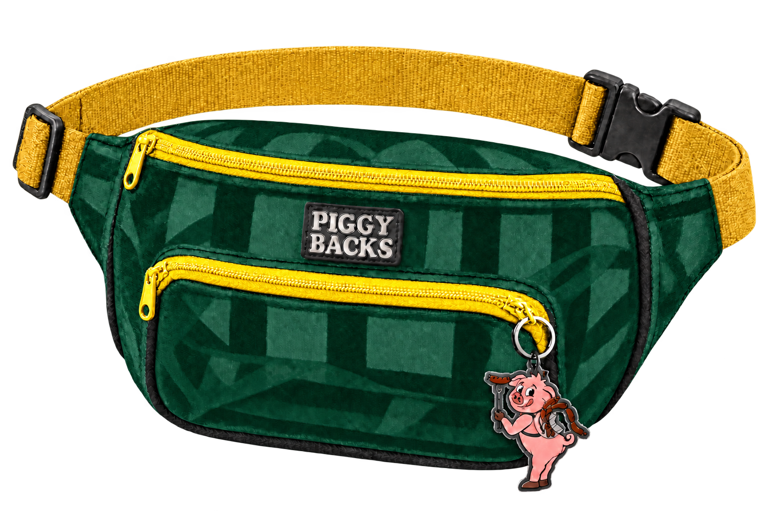 Front Row Mini deep forest green mesh Piggy Backs fanny pack with bright yellow straps and zippers and a hot dog mascot charm