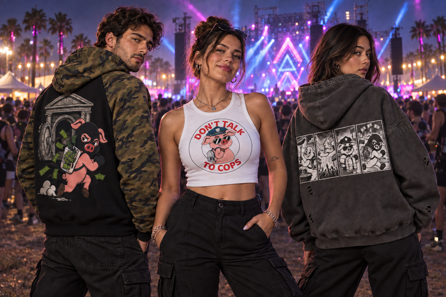 Three models wearing Piggy Backs crop-top and graphic hoodie designs at a music festival